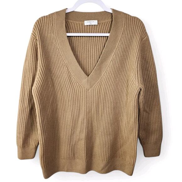 Aritzia Babaton Roger Sweater Merino Wool Tan Brown V Neck Ribbed Womens XS - Picture 2 of 11